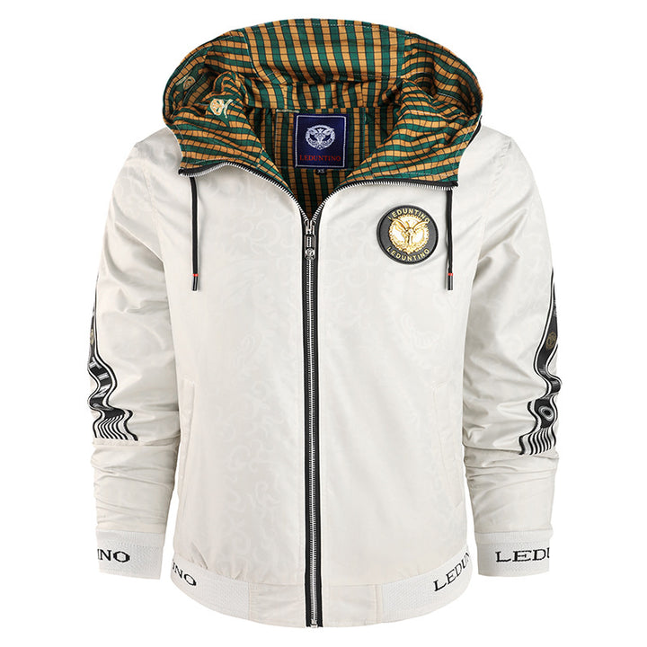 Men's lightweight hooded jacket with striped lining, logo sleeve print, and elastic hem.