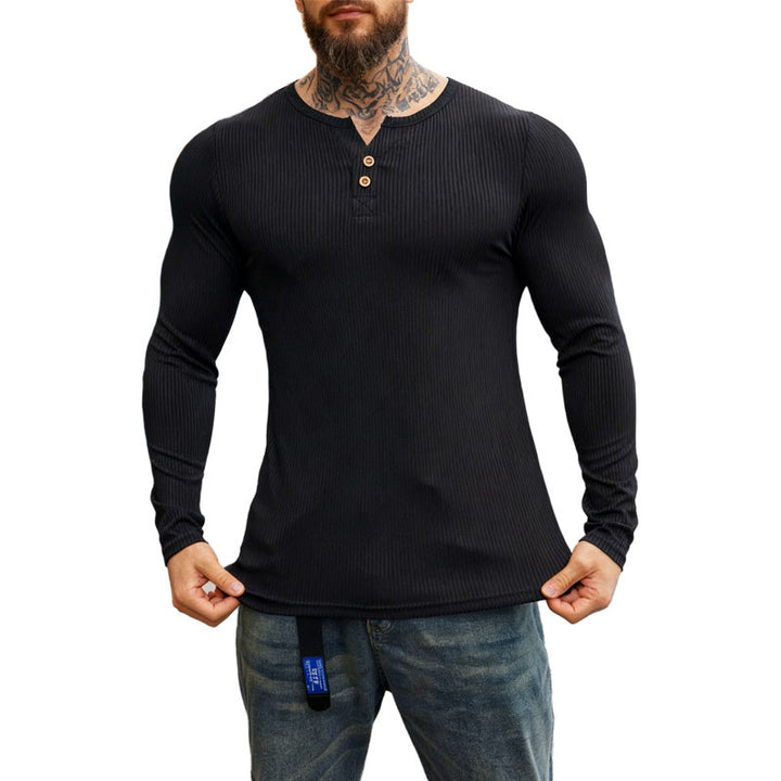 Men's ribbed long-sleeve Henley shirt with flat button placket and fitted stretch fit Mune Fashion
