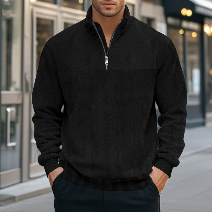 Men's structured half-zip knit pullover with stand-up collar and cable pattern Mune Fashion