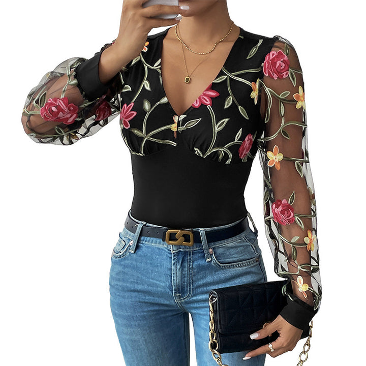 Women's Embroidered Mesh Body with V-Neck and Transparent Floral Sleeves Mune Fashion