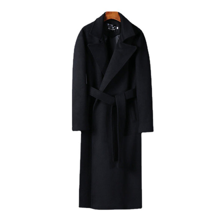 Men's Maxi-Length Wool Blend Coat with Shawl Collar and Tie Belt Mune Fashion