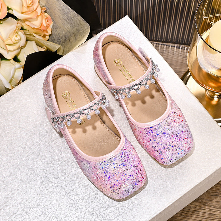 Girls Glittering Mary Jane Ballet Flats with Pearls and Bow Decor Mune Fashion