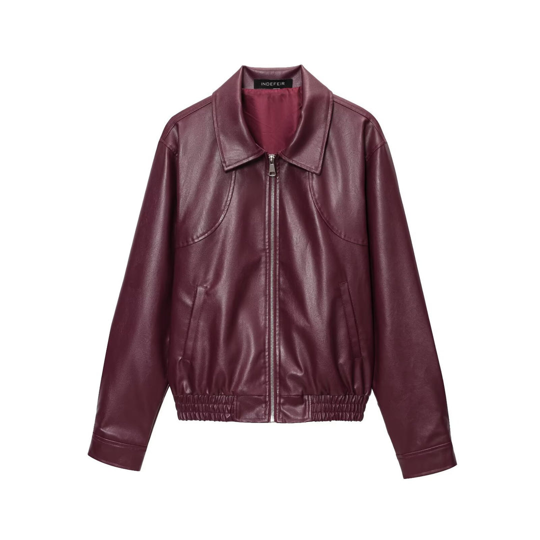 Women's classic Harrington faux leather jacket with shirt collar, full-length zipper, and elastic hem Mune Fashion