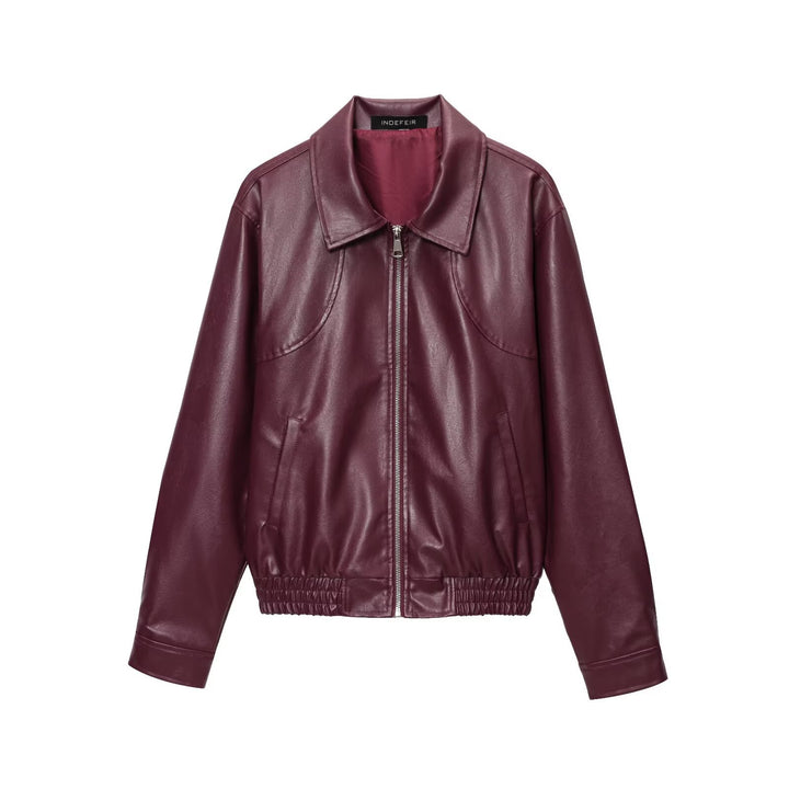 Women's classic Harrington faux leather jacket with shirt collar, full-length zipper, and elastic hem Mune Fashion