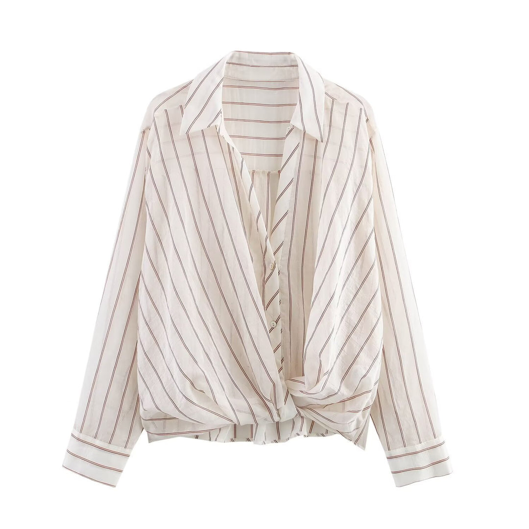 Women's Striped Blouse with Knot Front and Shirt Collar Drune