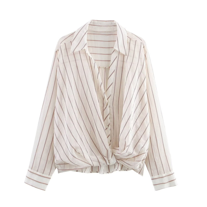 Women's Striped Blouse with Knot Front and Shirt Collar Drune