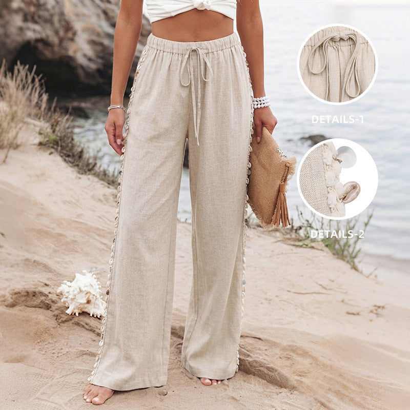 Women’s lightweight linen pants with wide leg, drawstring and braided side detail Mune Fashion