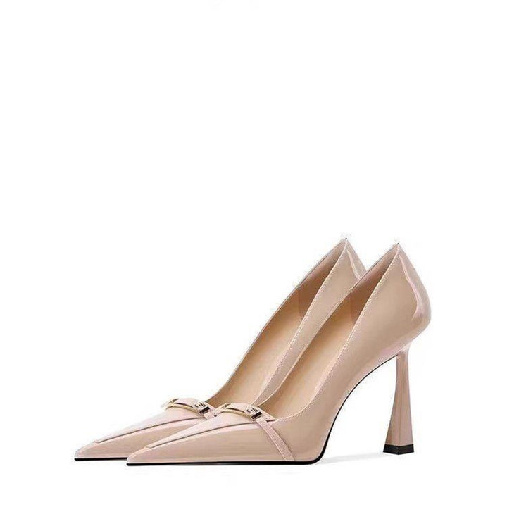Women's pointed toe patent pumps with delicate metal strap and slim stiletto heel Mune Fashion