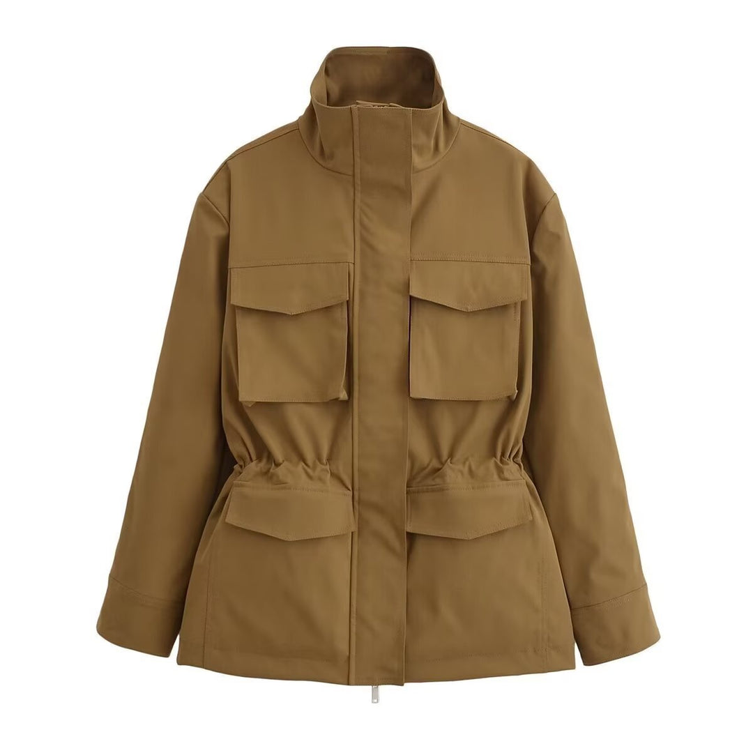 Women's utility jacket with drawstring waist, stand-up collar, and flap pockets Mune Fashion