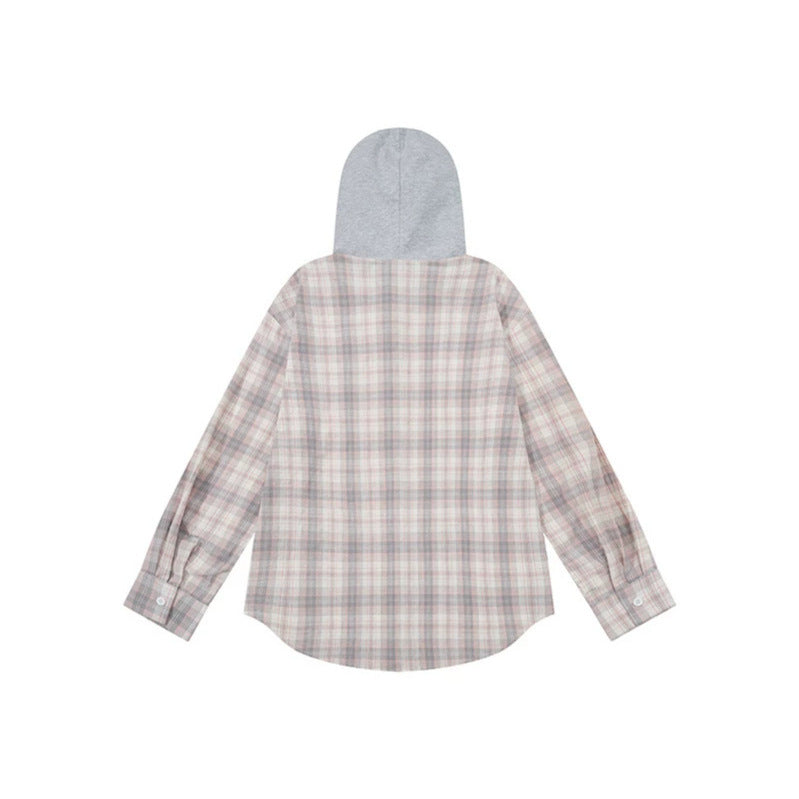 Women Checked Shirt Blouse with Jersey Hood and Button-Down Front