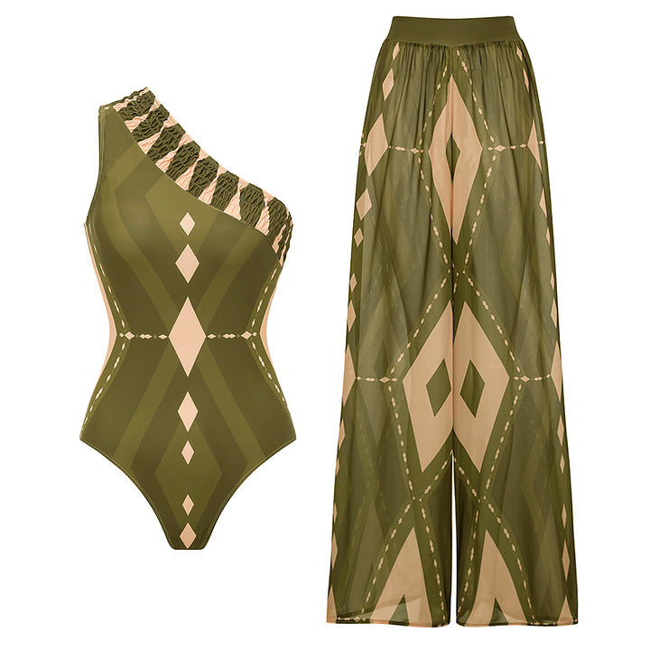 Women One-Piece Swimsuit with Voluminous Ruffle Design and Matching Fabric Pants Mune Fashion