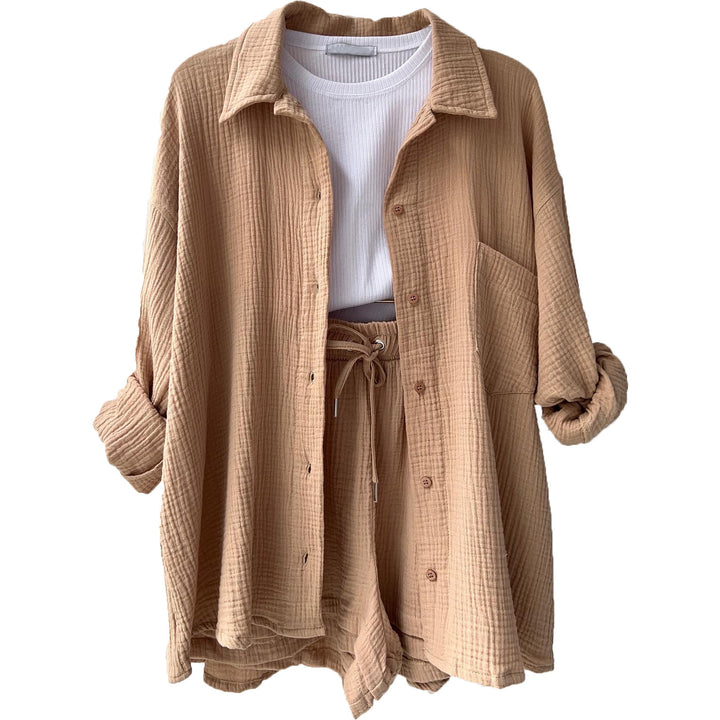 Women's casual oversized shirt and shorts set with chest pocket, drawstring, and brushed cotton texture Mune Fashion