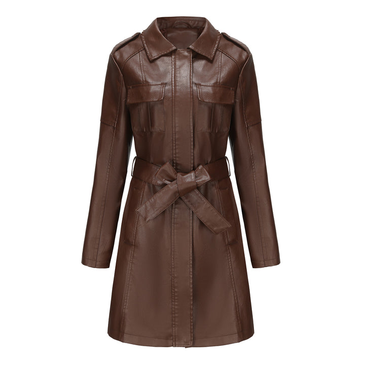 Women's longer faux leather trench coat with belt and shoulder tabs Mune Fashion