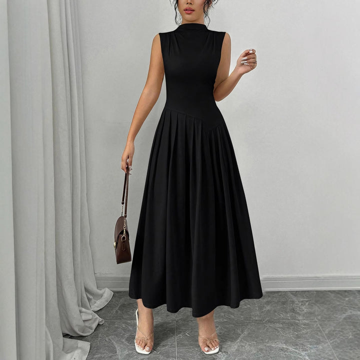 Women's sleeveless maxi dress with high standing collar, fitted bodice, and pleated skirt Mune Fashion