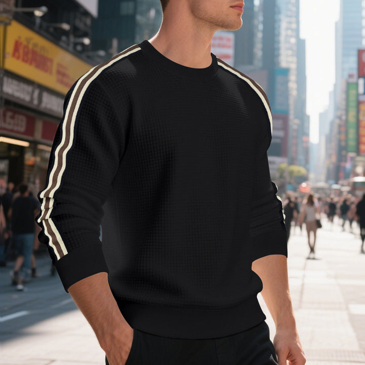 Men's waffle knit sweater with contrasting sleeve stripes and round neckline Mune Fashion