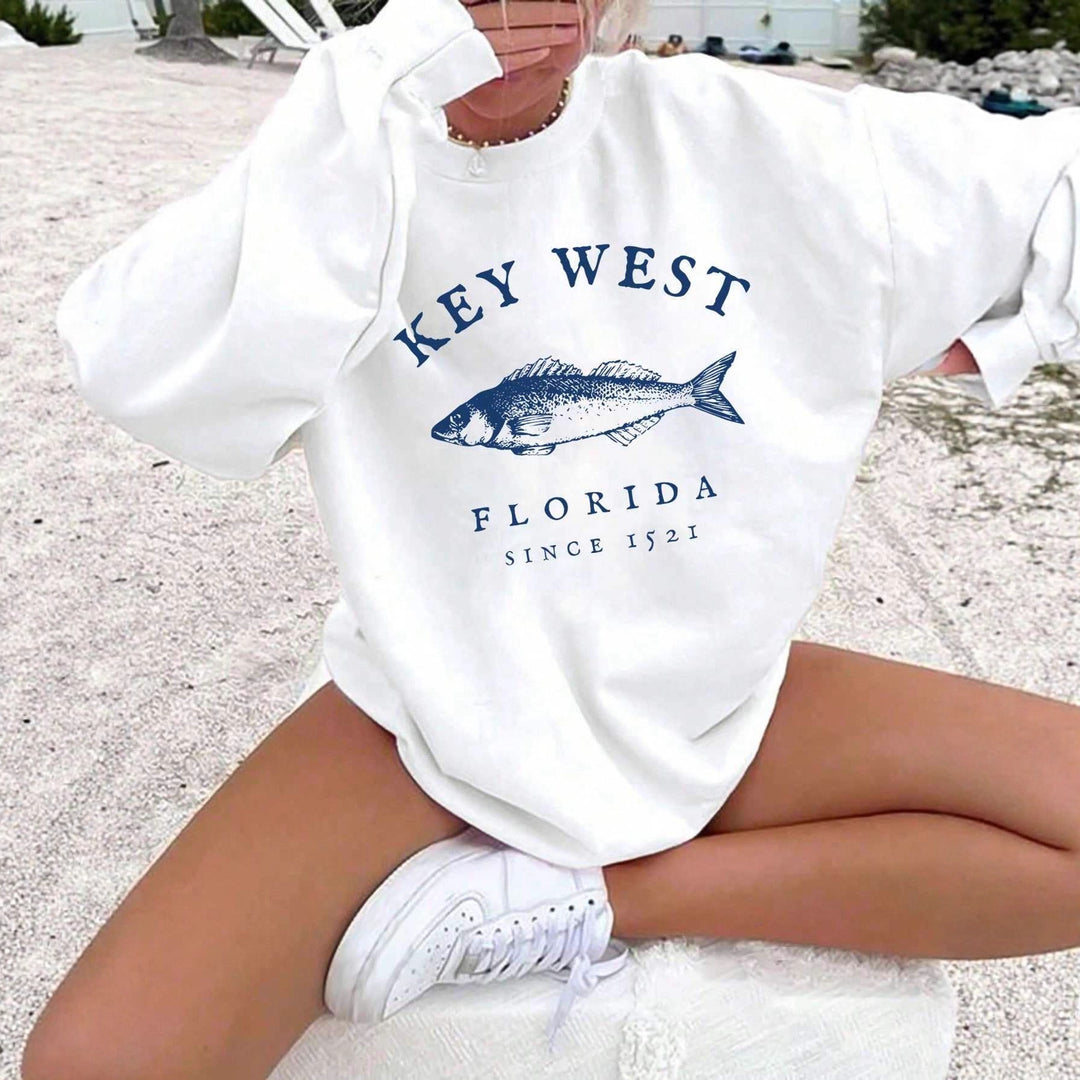Women's oversized sweatshirt with maritime Key West fish motif, dropped shoulder and soft cotton blend Mune Fashion