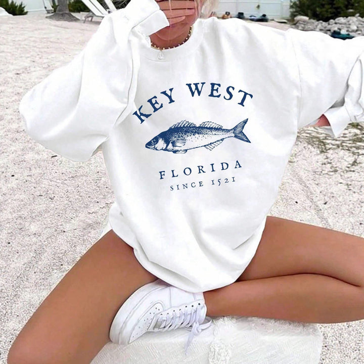 Women's oversized sweatshirt with maritime Key West fish motif, dropped shoulder and soft cotton blend Mune Fashion