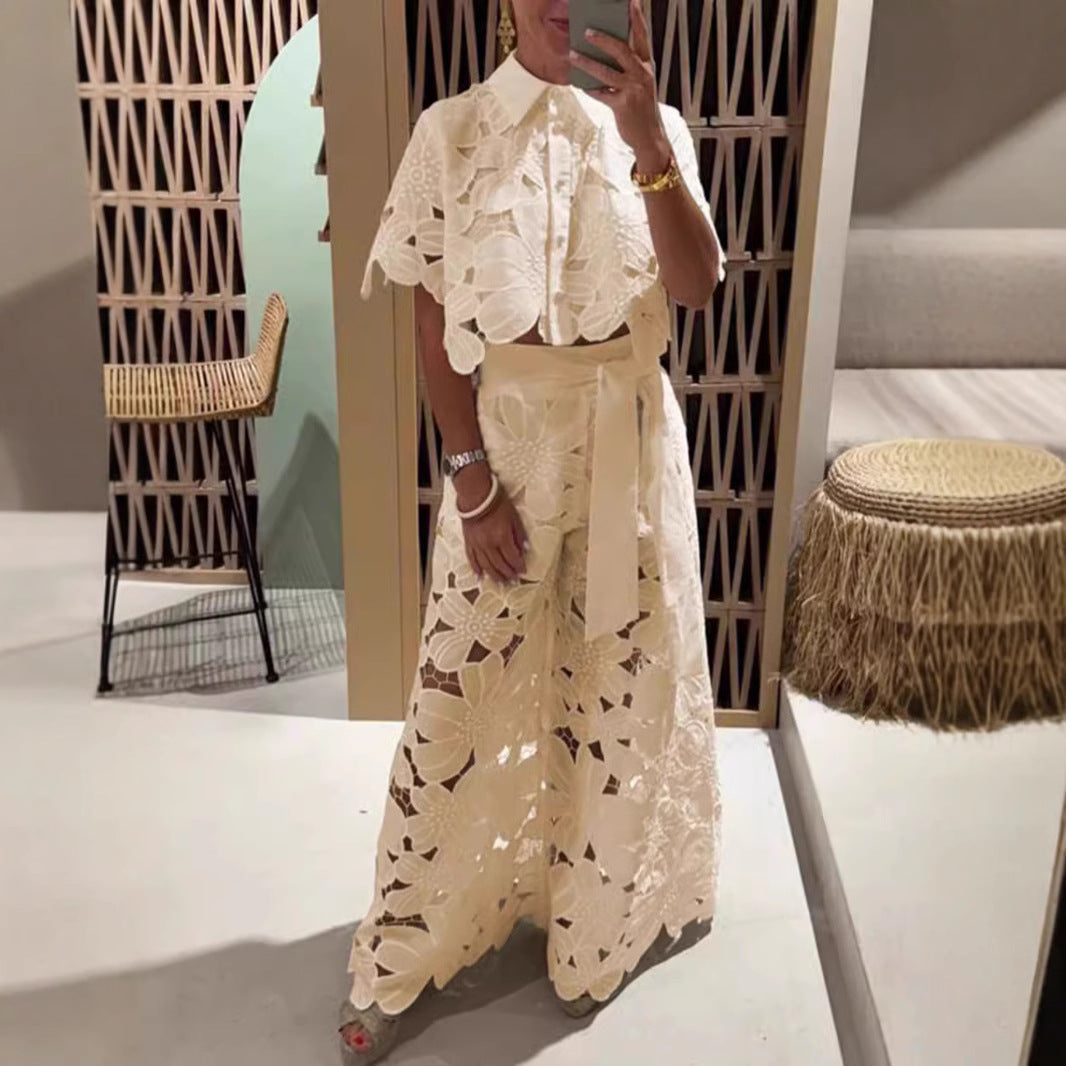 Ladies two-piece lace ensemble with crop top and wide palazzo pants Mune Fashion