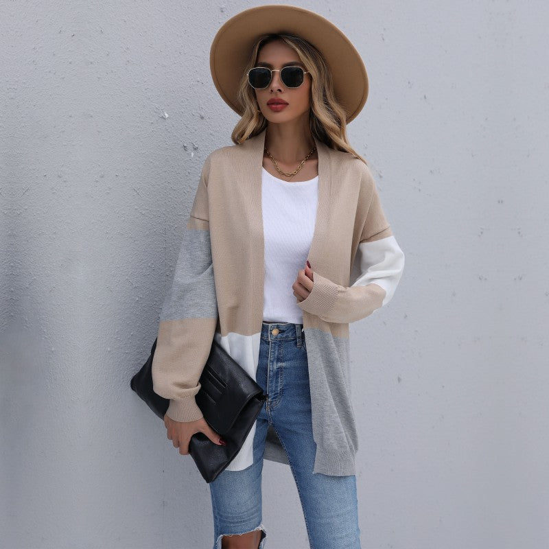Women's Long Colorblock Fine Knit Cardigan with Open Front and Dropped Shoulder Mune Fashion