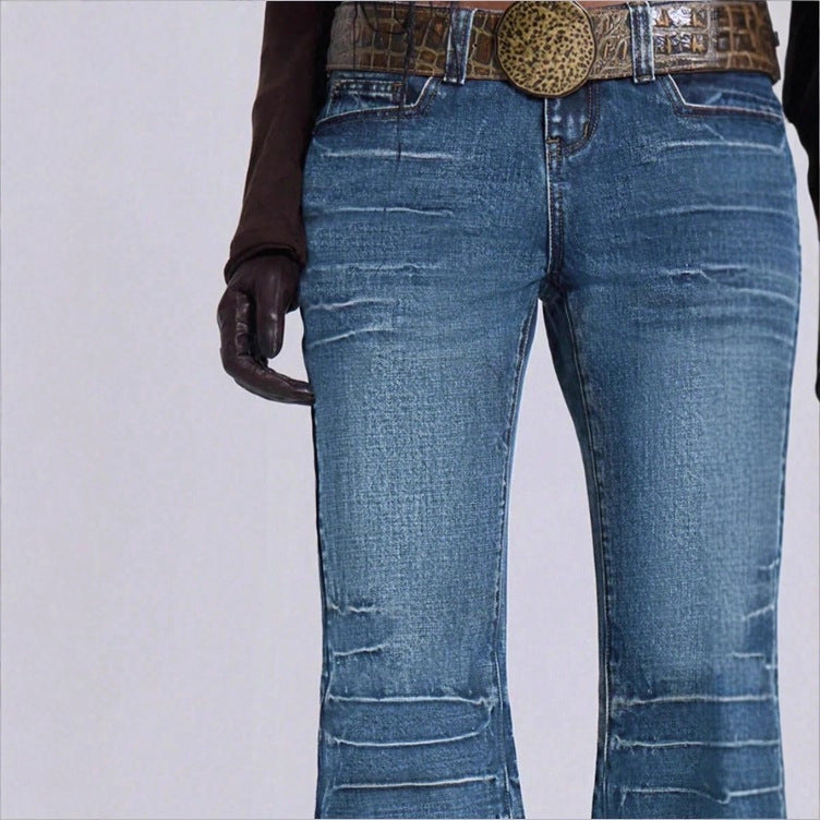Women's High-Waisted Vintage Flared Jeans in Seventies Style with Horizontal Ribbed Look and Extra Wide Flare Mune Fashion