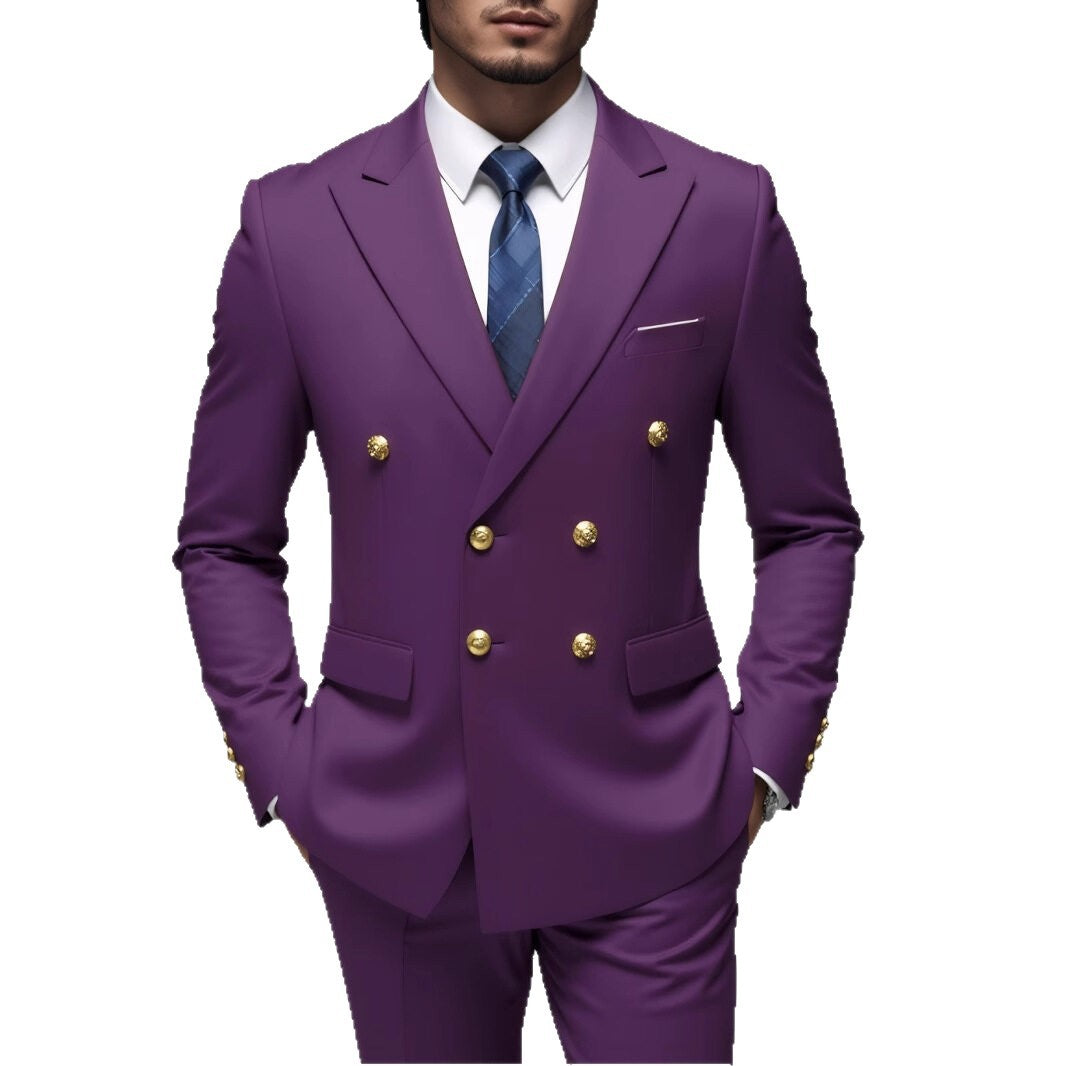Men's double-breasted Slim-Fit suit with gold decorative buttons and slim business trousers Mune Fashion