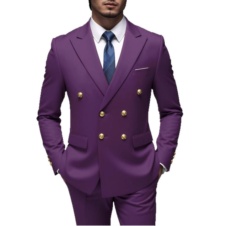 Men's double-breasted Slim-Fit suit with gold decorative buttons and slim business trousers Mune Fashion