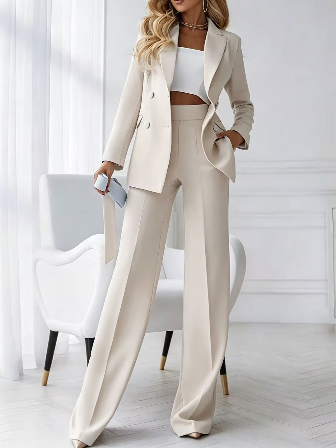 Women's two-piece business pantsuit with tailored double-breasted blazer and high-waisted palazzo pants Mune Fashion