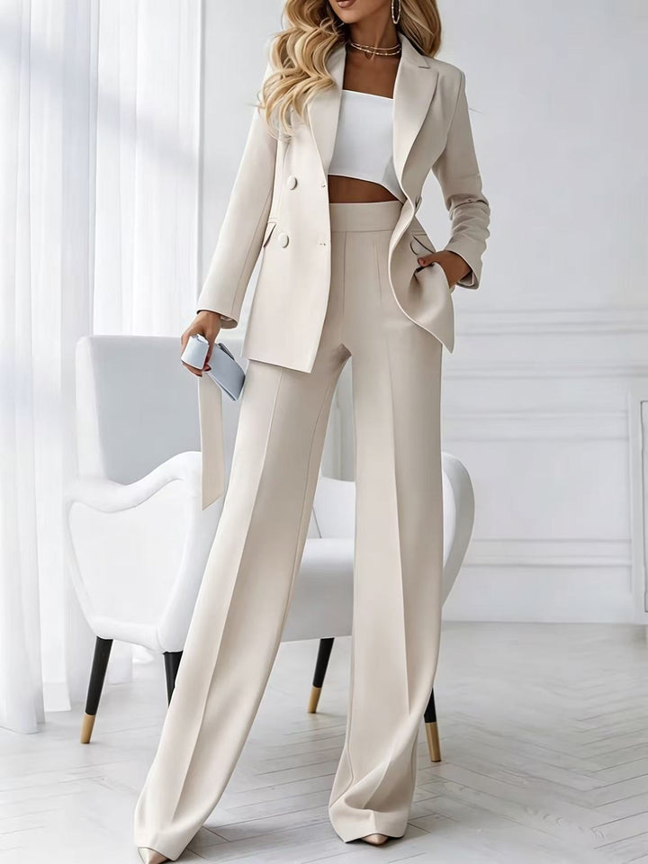 Women's two-piece business pantsuit with tailored double-breasted blazer and high-waisted palazzo pants Mune Fashion