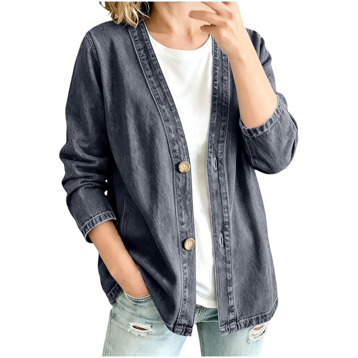 Women's Oversize Denim Jacket in Kimono Style with Wooden Buttons Mune Fashion