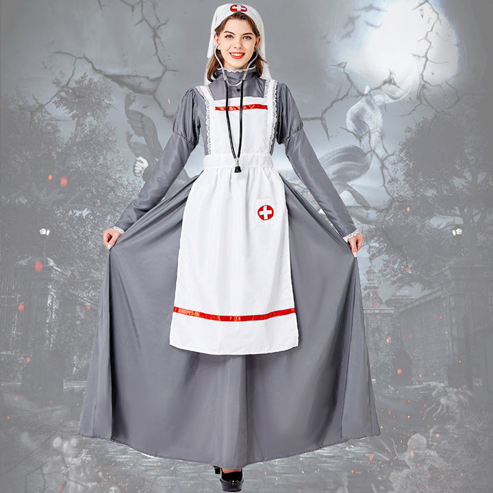 Women's vintage nurse costume with apron and headscarf Mune Fashion