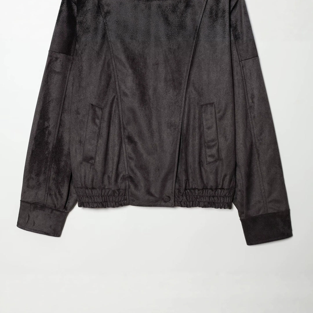 Ladies Short Velvet-Look Bomber Jacket with High Stand-Up Collar and Asymmetrical Button Placket Mune Fashion