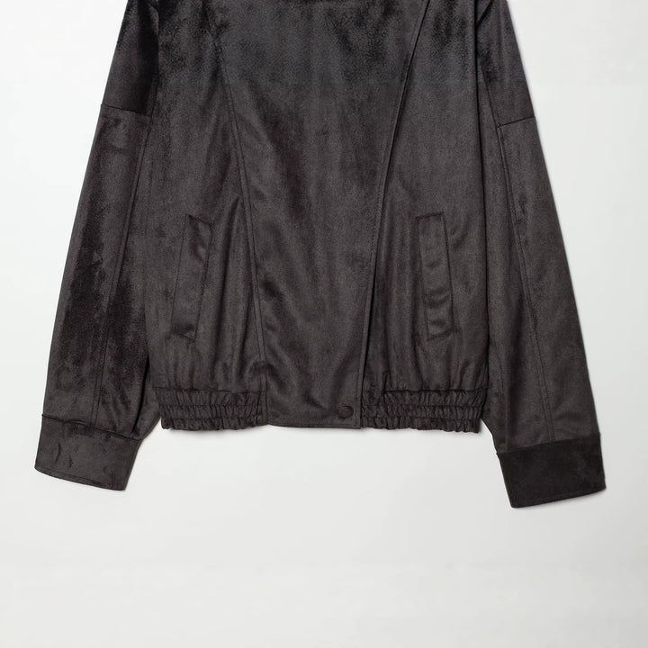Ladies Short Velvet-Look Bomber Jacket with High Stand-Up Collar and Asymmetrical Button Placket Mune Fashion