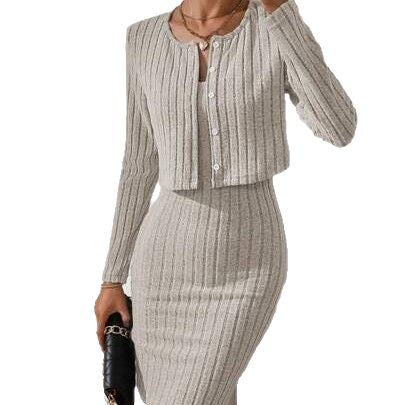 Women's fitted ribbed knit two-piece with short cardigan and pencil skirt Drune