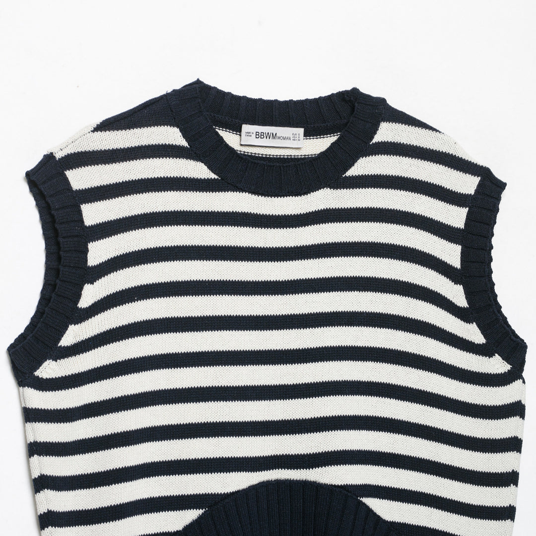 Women's Striped Knit Vest with Round Neck and Wide Ribbed Cuff Mune Fashion