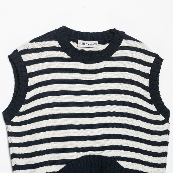 Women's Striped Knit Vest with Round Neck and Wide Ribbed Cuff Mune Fashion