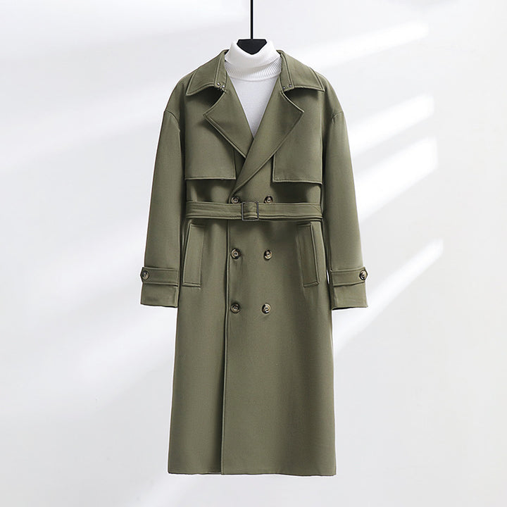 Men's Long Double-Breasted Trench Coat with Waist Belt and Oversized Shawl Collar Mune Fashion