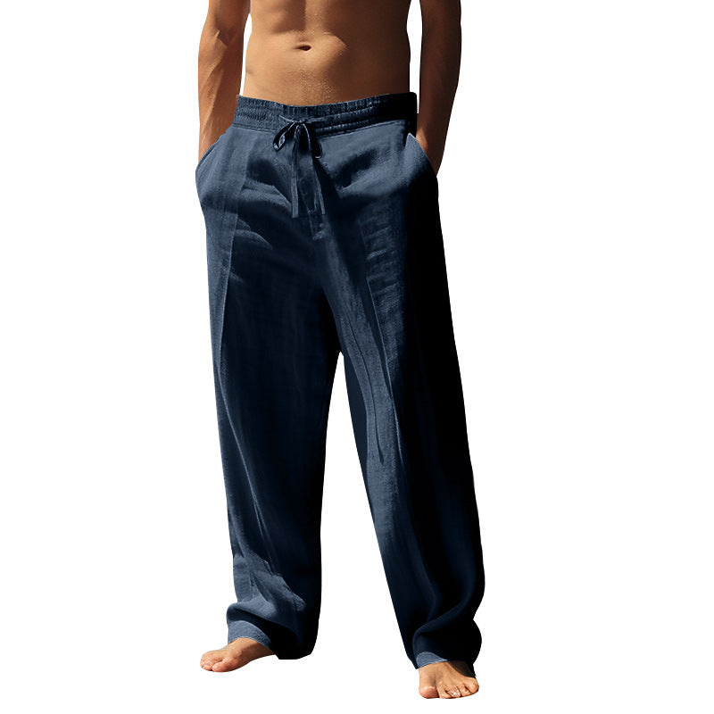 Men's relaxed fit palazzo pants made of linen blend with decorative crease and drawstring Mune Fashion