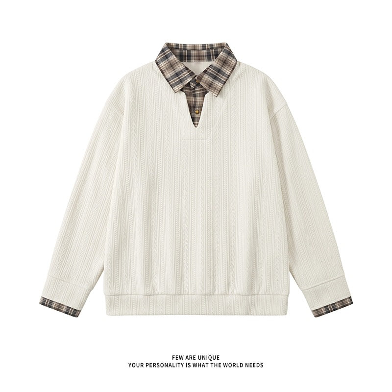 Men's layered look pullover with integrated check shirt collar Mune Fashion