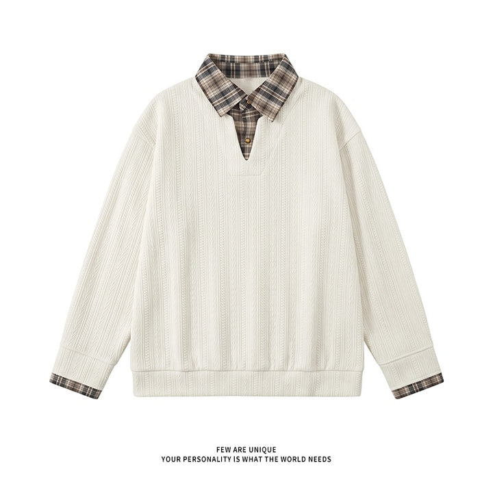 Men's layered look pullover with integrated check shirt collar Mune Fashion