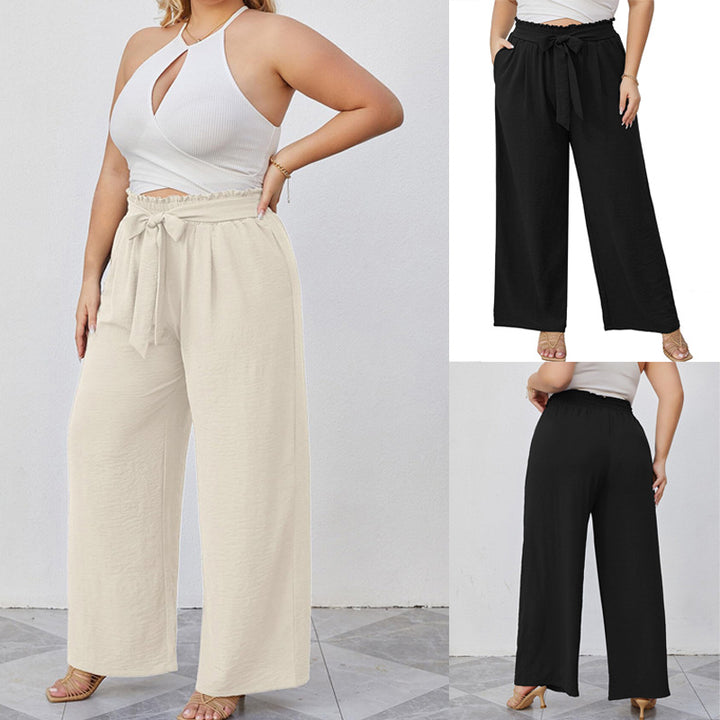 Women's paperbag pants with wide leg, elastic waistband, tie belt, and side pockets Mune Fashion