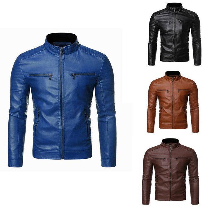 Men's Sporty Leather Jacket with Stand-up Collar Mune Fashion