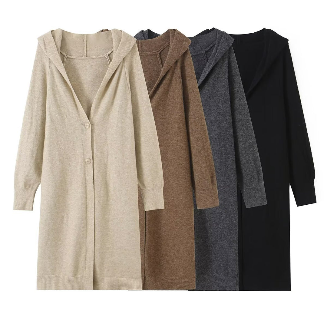Women's Longline Knit Cardigan with Hood, Fine Knit and Button Closure Drune