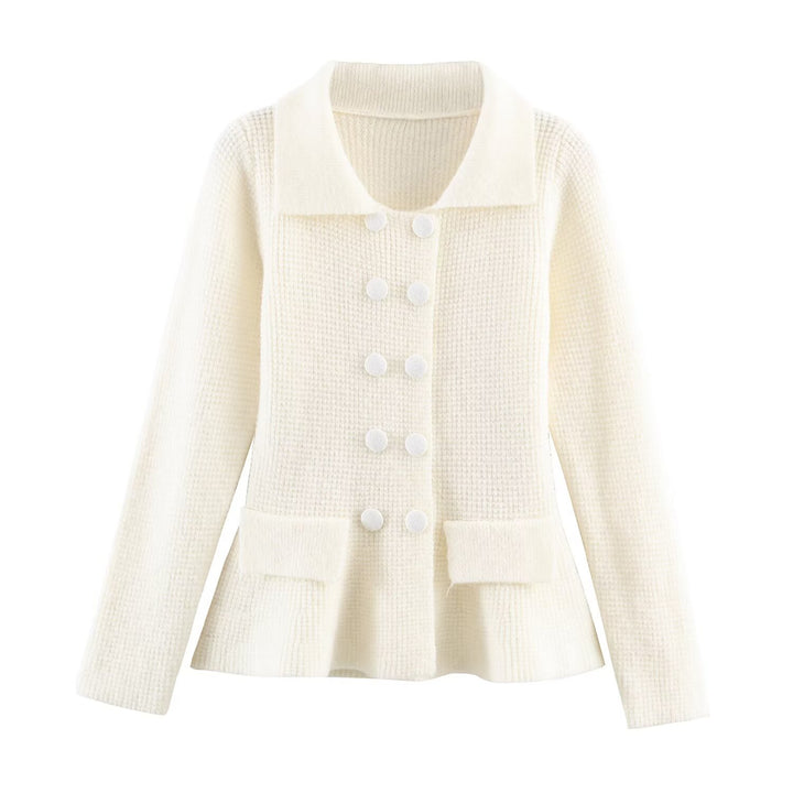 Women's structured cardigan with double-breasted design, waist-defining peplum, and patch pockets Mune Fashion