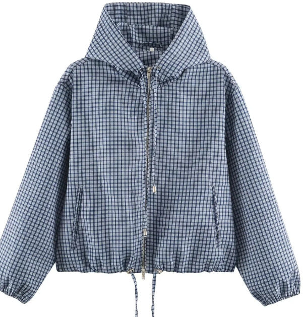 Women Checked Cropped Hoodie with Drawstring Hem and Two-Way Zip Mune Fashion