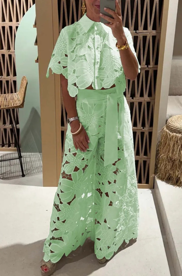 Ladies two-piece lace ensemble with crop top and wide palazzo pants Mune Fashion