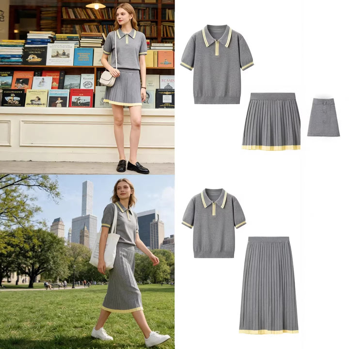 Women's two-piece knitted set with polo shirt and pleated midi skirt Mune Fashion