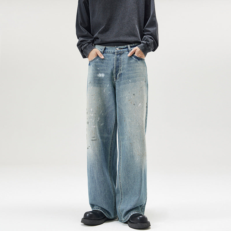 Men's Loose Vintage Denim Jeans in Painter Look with Low Crotch and Straight Hem Mune Fashion