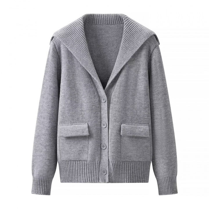 Women's knitted cardigan with large shawl collar, button placket, and patch pockets Mune Fashion