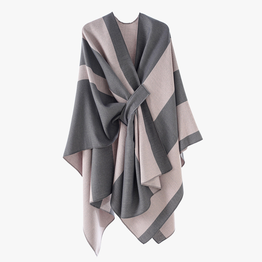 Women’s Wrap Cape with Wide Stripe Pattern and Ties Mune Fashion