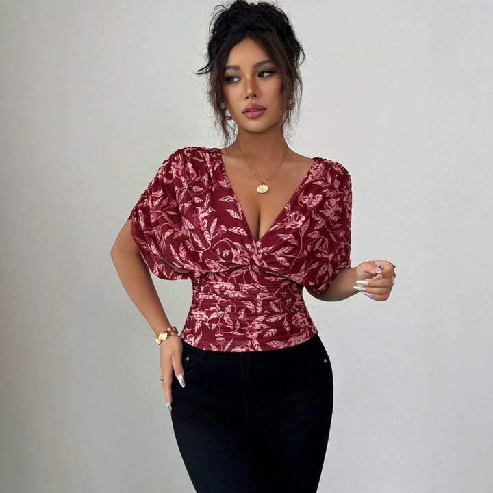 Women’s Fitted Wrap Blouse with Deep V-Neck, Ruffled Waist, and Kimono Sleeves Mune Fashion